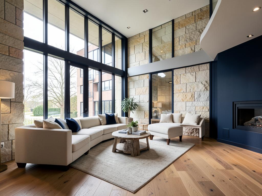 Interior de duplex modern cu ferestre înalte